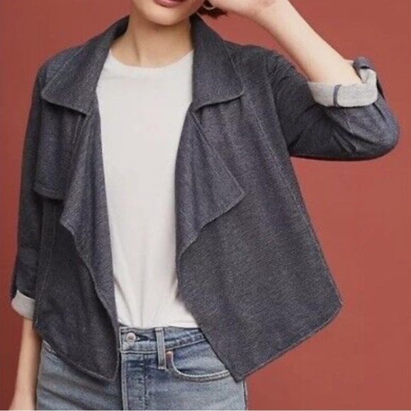 Anthropologie Dolan Chambray Open Cardigan Jacket Dark Blue Waterfall Size Small - Picture 1 of 12